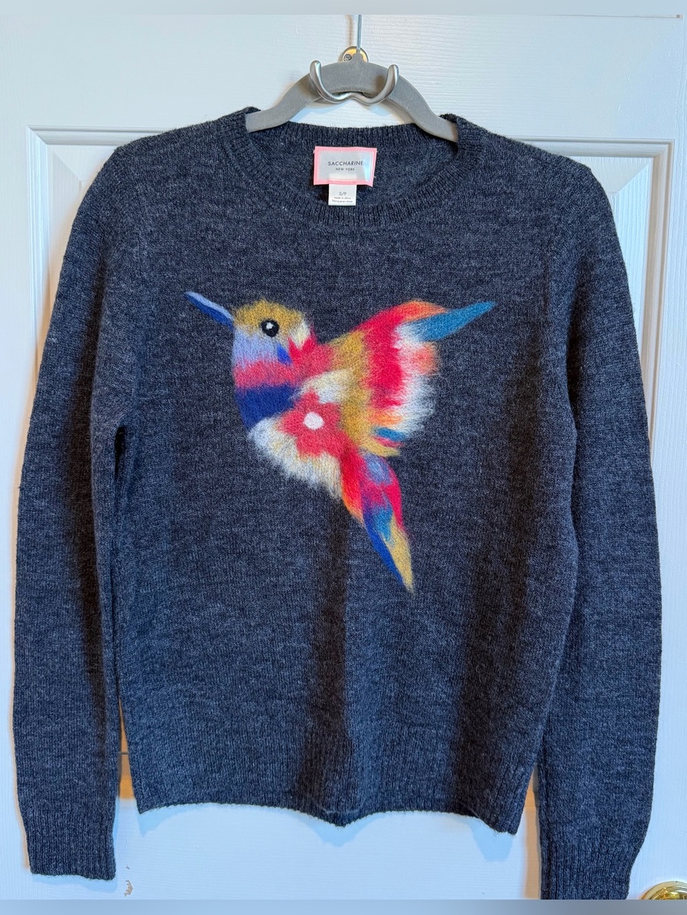 Anthro Saccharine Charcoal Hummingbird Crewneck Sweater Like New Size S